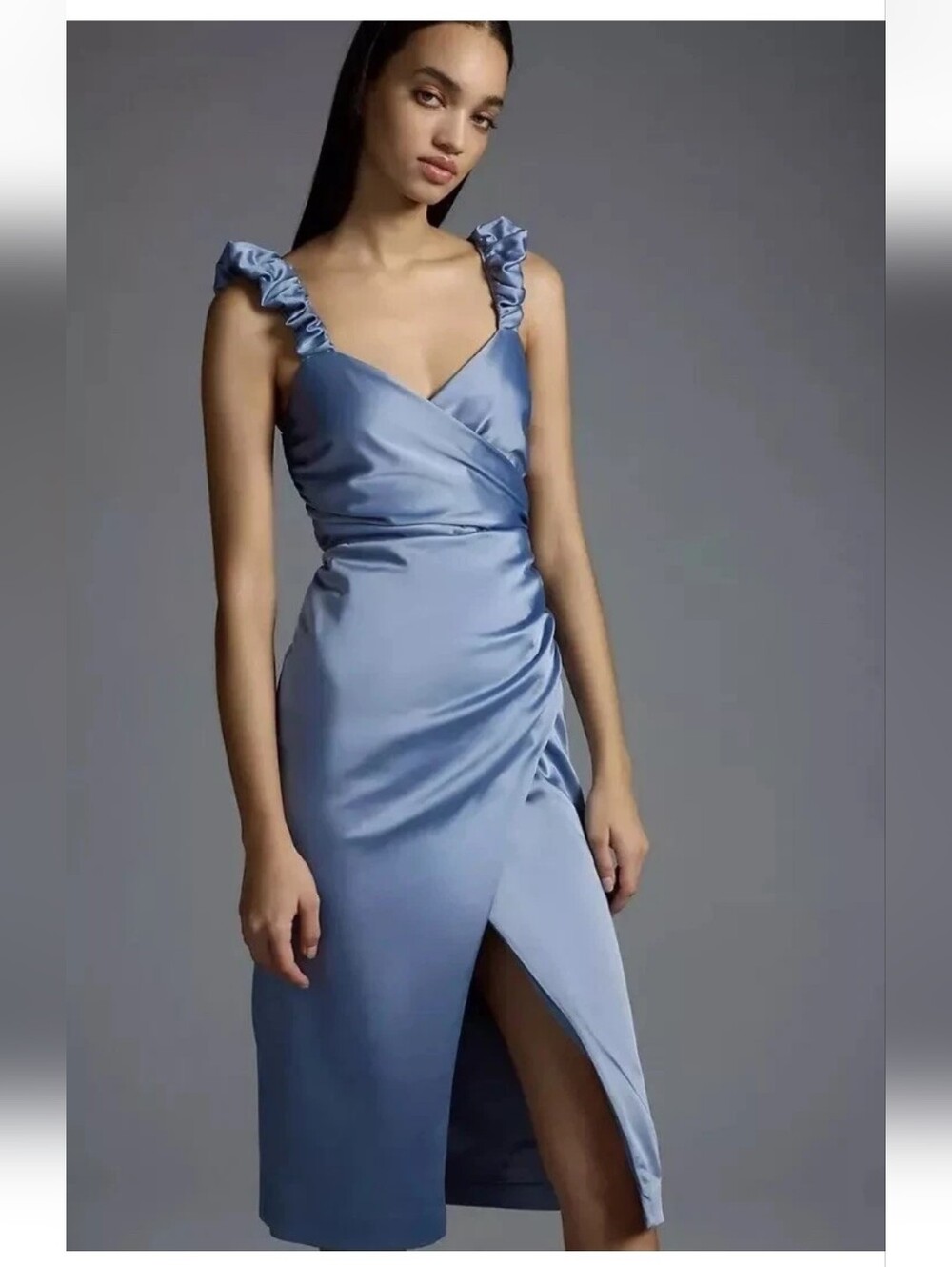 By Anthropologie Ruched Satin Sweetheart Dress Slate Blue Size XL